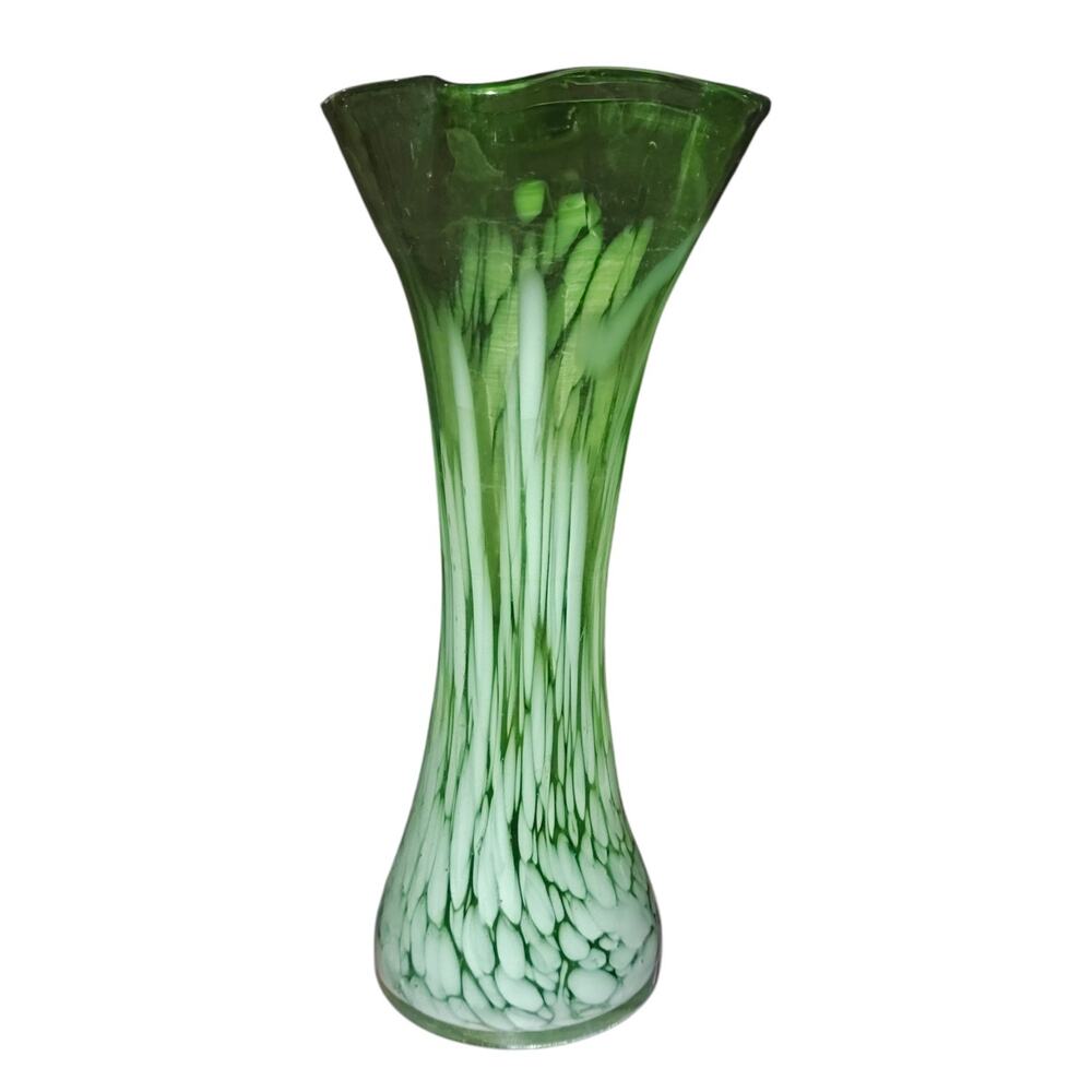Vintage Hand Blown Green & White Splatter Art Glass Vase Excellent